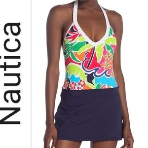 NEW! NAUTICA Cocktails on Bow V-neck Halter One-Piece Swimsuit Large.